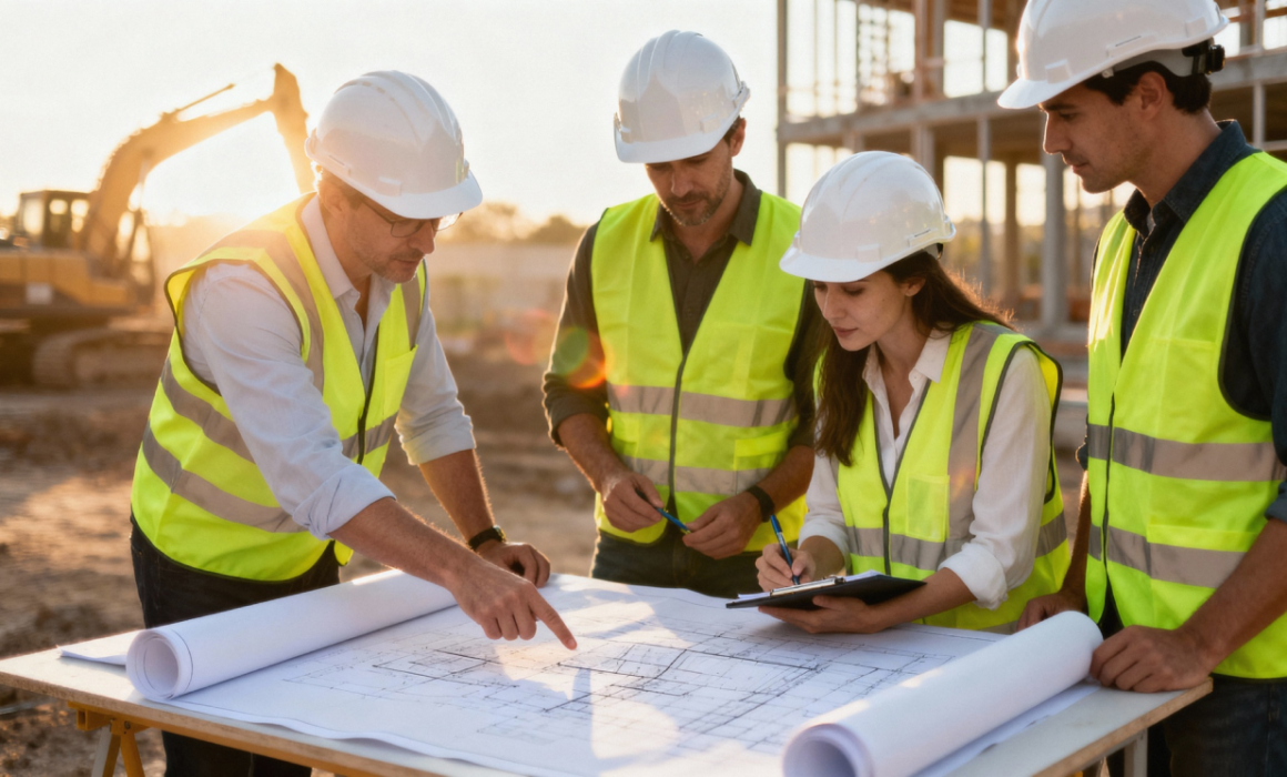 Construction project handover checklist meeting with engineers reviewing as-built drawings at a construction site