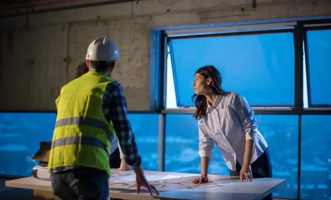 Construction team reviewing project approval documents and records together on site.
