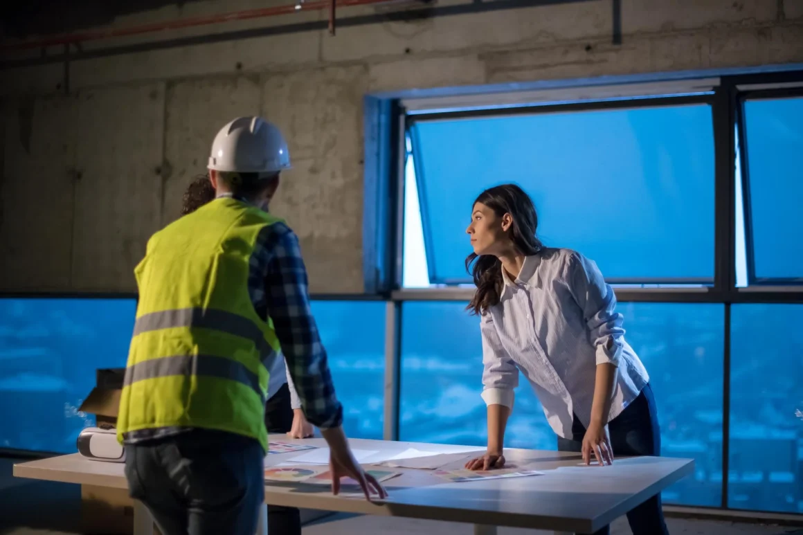 Construction team reviewing project approval documents and records together on site.