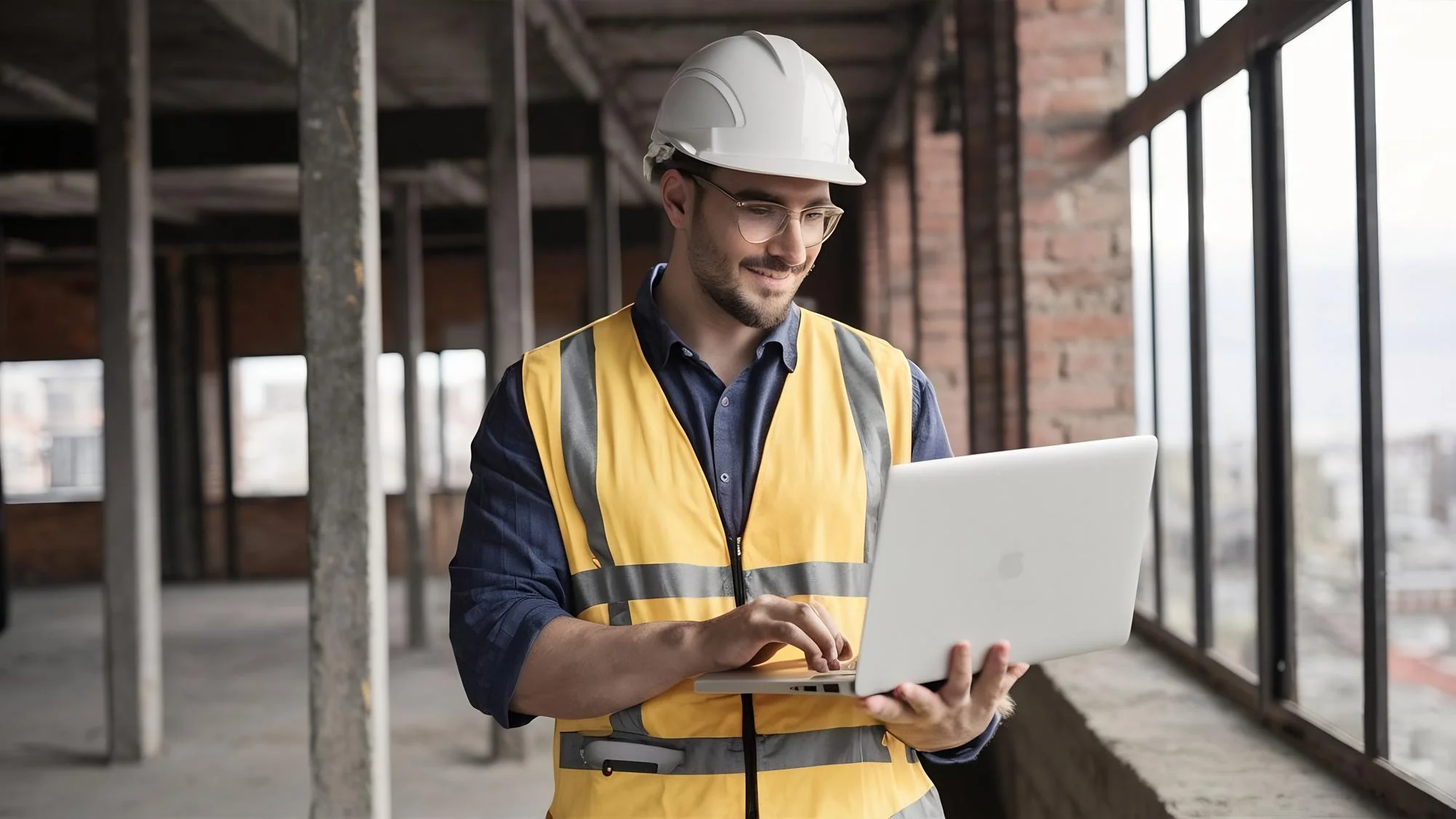 Site engineer using construction management software in India on a laptop