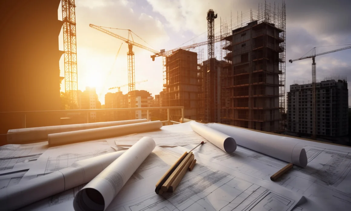Construction site with architectural blueprints and tower cranes at sunset